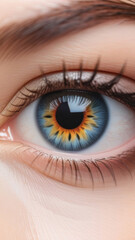 Close-up of the left eye of a person with a European eye shape with dark eyelashes and eyebrows with an unusual blue orange iris. No makeup.