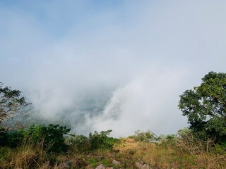 Kotappakonda, India. hill top view with fog early in the morning