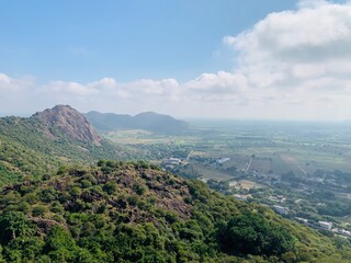 Fototapeta premium Kotappakonda, India. hill top view with fog early in the morning