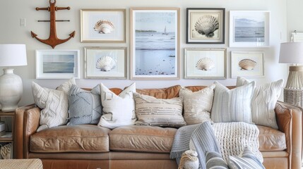 A coastalthemed gallery wall adorns one wall of the living room featuring framed photographs of seascapes delicate shell prints and a large wooden anchor. The leather sofa is adorned . - obrazy, fototapety, plakaty