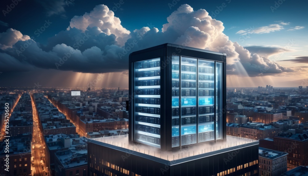 Poster a concept design of a massive data center, symbolically positioned on top of a building, showcasing 