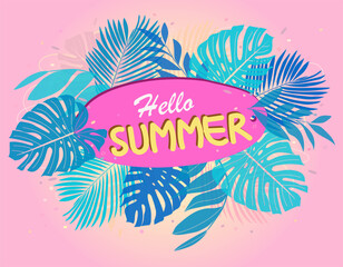 Colorful summer vector design for banners, posters, promotions. Vector layout with tropical leaves and cute summer banner