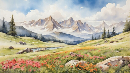 Painting of an alpine meadow landscape rendered in watercolor.