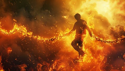 Naklejka premium Conceptual representation of a person breaking free from chains with fiery effects.