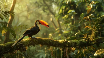 Rolgordijnen In the lush depths of an Amazonian rainforest, a vibrant toucan perches on a moss-covered branch © Ayesha