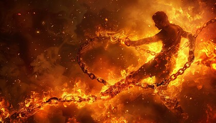 Conceptual representation of a person breaking free from chains with fiery effects.