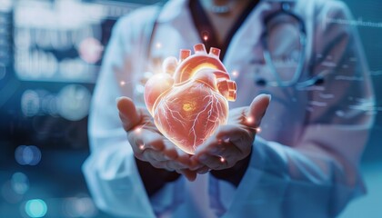 Glowing human heart held by a doctor. Medical and healthcare concept