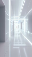 Futuristic corridor interior design. Modern architecture with white and light elements