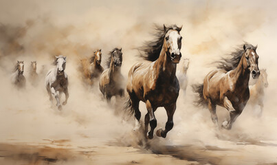 Galloping many horses emerges from the dust and smoke. Generative AI. H004 - obrazy, fototapety, plakaty