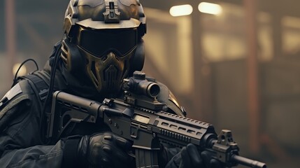 Detailed view of a fully geared soldier with a protective mask aiming his rifle, epitome of precision and readiness, in 4k - obrazy, fototapety, plakaty