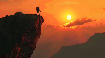 Silhouette of a male hiker climbing a mountain, depicting a strong hiker standing on the top of the cliff, enjoying the sunset view