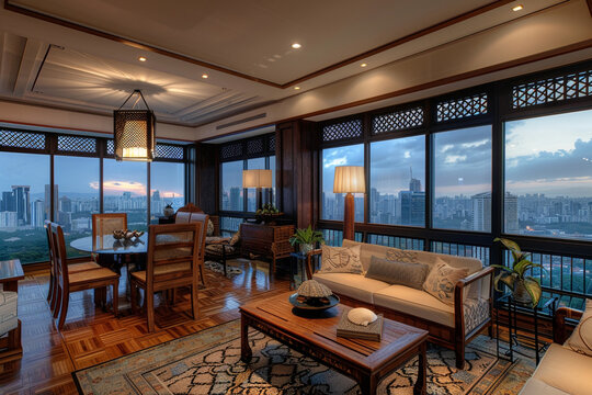 A Manila executive's suite, blending Filipino heritage with modern luxury, featuring narra wood, capiz shell windows, and a panoramic view of the city.