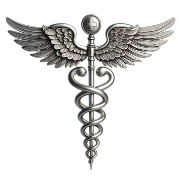 Silver caduceus medical symbol isolated on transparent background PNG Image AI Generated