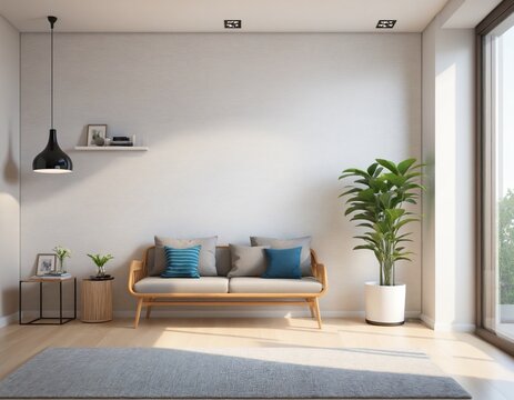 Modern interior background, wall mock up, 3d render in bright colours 