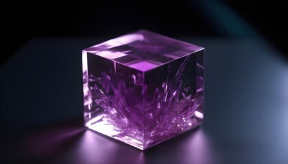 Purple sparkled geometric decorated glass cube with reflections isolated on dark background