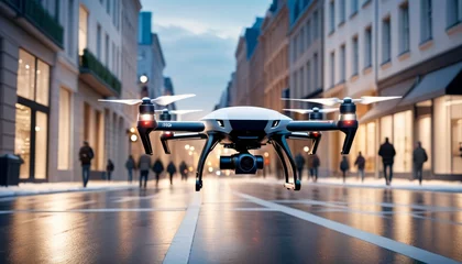 Fotobehang An advanced quadcopter drone equipped with a camera hovers above a city street in the early evening, monitoring urban activity.. AI Generation. AI Generation © Anastasiia