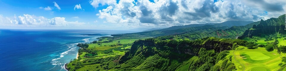 Obraz premium Aerial View of Island of Oahu: Blue Skies, Vertical Cliffs, and a Lush Green Rainforest from Pali Lookout
