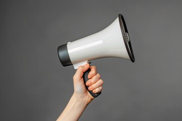 Alert Your Voice with Hand Holding Megaphone - Female Speaker on Grey Background: Support and Public Volume with Loudspeaker Horn - obrazy, fototapety, plakaty