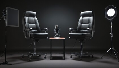 two chairs and microphones in podcast or interview room in bright colours 