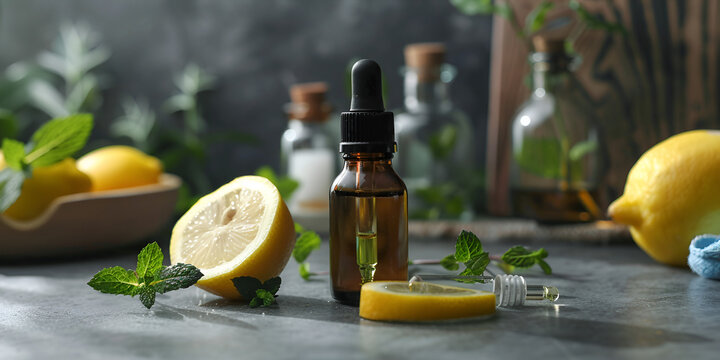 A bottle of lemon essential oil is an alternative medicine.