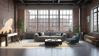 Fototapeta na wymiar Living room interior in loft, industrial style in bright colours 