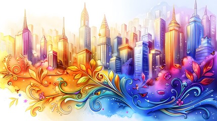 Vibrant cityscape illustration blending modern architecture with floral and ornamental elements in a colorful, fantasy style