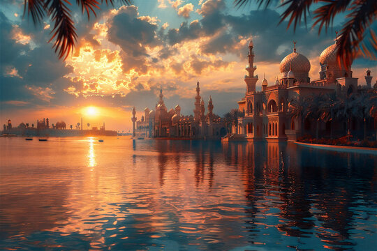 Arabian Medieval City.  Generated Image.  A digital rendering of a medieval Arabian city with a harbor.