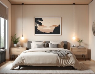 Frame mockup in cozy beige Japandi bedroom interior, 3d render in bright colours 