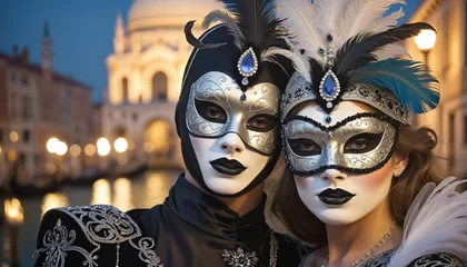 Fototapeten Elegant people in masquerade carnival mask  in bright colours Venice Carnival © Fukurou
