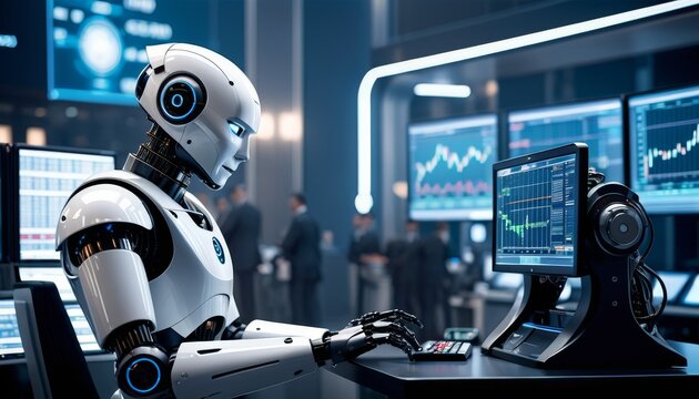 A robot is depicted in an analytical pose in front of a trading station, showcasing advanced technology used for monitoring and analyzing stock market trends.. AI Generation