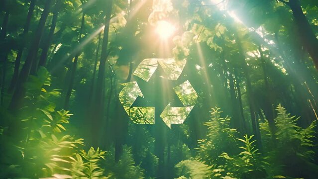 Recycling sign on the background of a green forest with tall large trees, generative ai