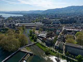 Obraz premium Aerial view of Swiss City of Zürich with cityscape and skyline on a sunny spring day. Photo taken April 12th, 2024, Zurich, Switzerland.