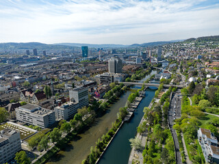 Aerial view of Swiss City of Zürich with cityscape and skyline on a sunny spring day. Photo taken April 12th, 2024, Zurich, Switzerland.