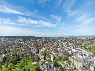 Aerial view of Swiss City of Zürich with cityscape and skyline on a sunny spring day. Photo taken April 12th, 2024, Zurich, Switzerland.