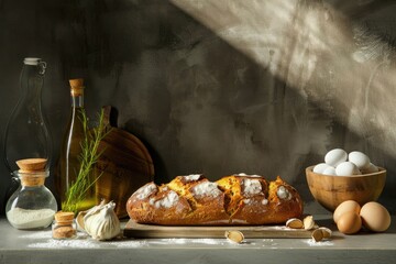 A rustic loaf of rye bread next to ingredients on a vintage kitchen counter, in natural light - obrazy, fototapety, plakaty