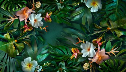 Dense tropical jungle pattern with exotic flowers. Botanical design for wallpaper, textile, - obrazy, fototapety, plakaty