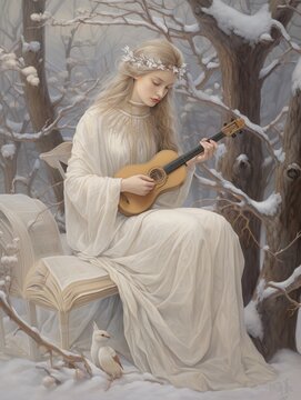A young woman with bright gray hair and a long white dress sits on an ukulele in a snow-covered garden.