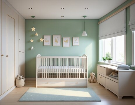 Cozy nursery interior background in bright colours 