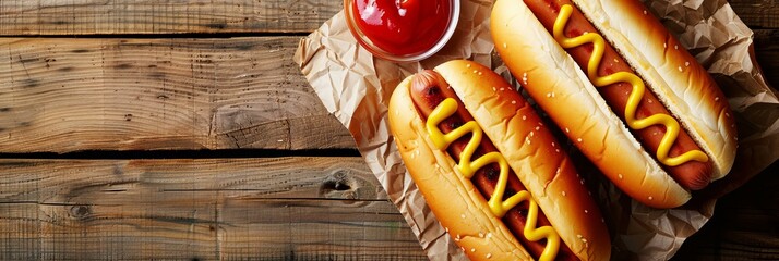 Hot dogs with mustard and ketchup on a rustic wooden board. Classic American fast food concept - obrazy, fototapety, plakaty