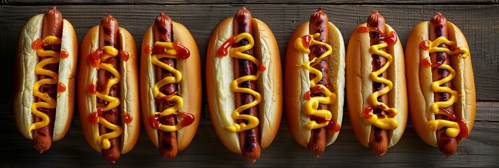 Hot dogs with mustard and ketchup on a rustic wooden board. Classic American fast food concept - obrazy, fototapety, plakaty