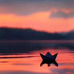 Paper boat on a smooth lake at sunset - obrazy, fototapety, plakaty