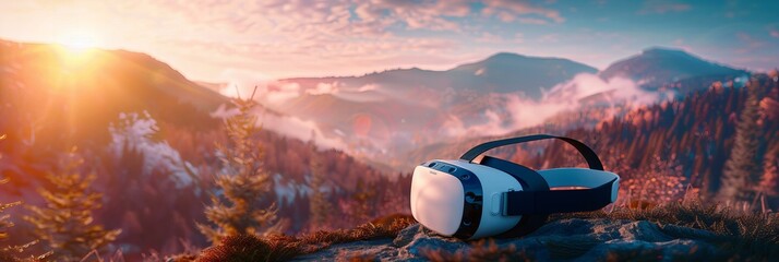 VR goggles reflecting a sunrise mountain landscape. Adventure and extreme sports concept with scenic view