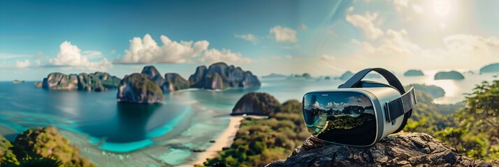 VR goggles reflecting a sunrise mountain landscape. Adventure and extreme sports concept with scenic view