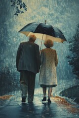 An older couple stands outside in the rain, sharing an umbrella as they enjoy a moment together in the weather