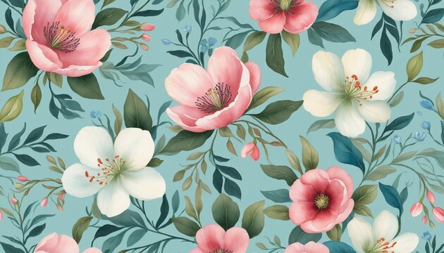 watercolor flowers pattern blue in bright colours 