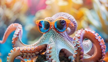 Octopus wearing sunglasses with a colorful and vibrant coral background. Marine life and humor