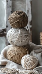 Fototapeta na wymiar Stacked wool yarn balls in natural tones on a rustic background. Handcraft and knitting concept