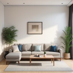 Wall mockup in cosy simple living room in bright colours 