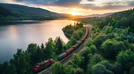A train travels through a lush green forest close to a tranquil lake