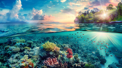 Fototapeta na wymiar A coral reef stretches out in front of a small tropical island in the distance